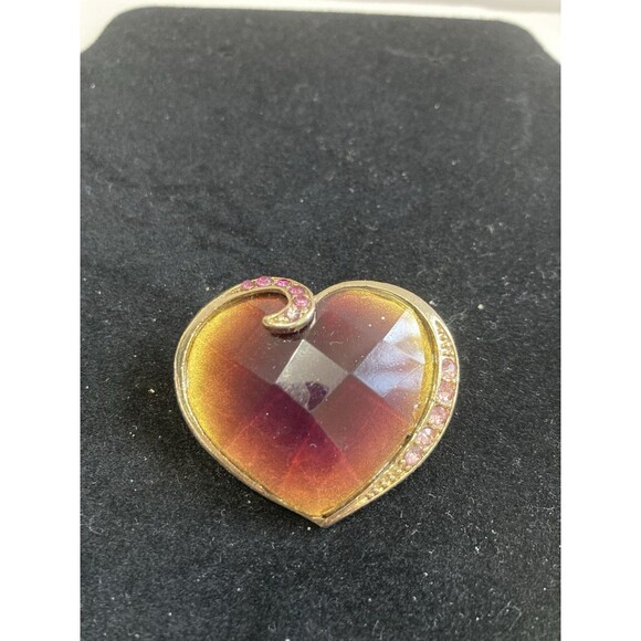 Vintage Brooch  1960’  Amber/Brown/pink Rhinestones Heart Shaped Gold Tone - Picture 3 of 5